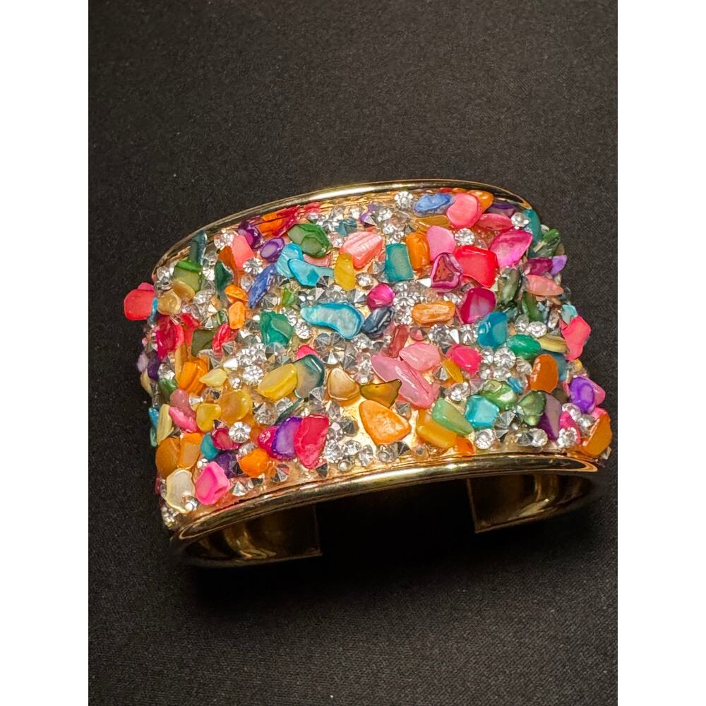 Gold Plated Rainbow Gemstones Crystals Cuff Bracelet 7in